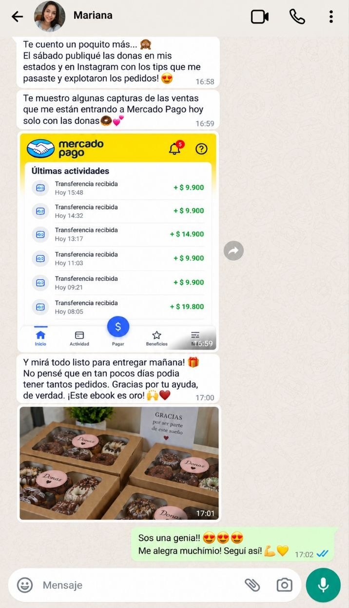 Captura de WhatsApp de una alumna mostrando sus ventas de mini donas