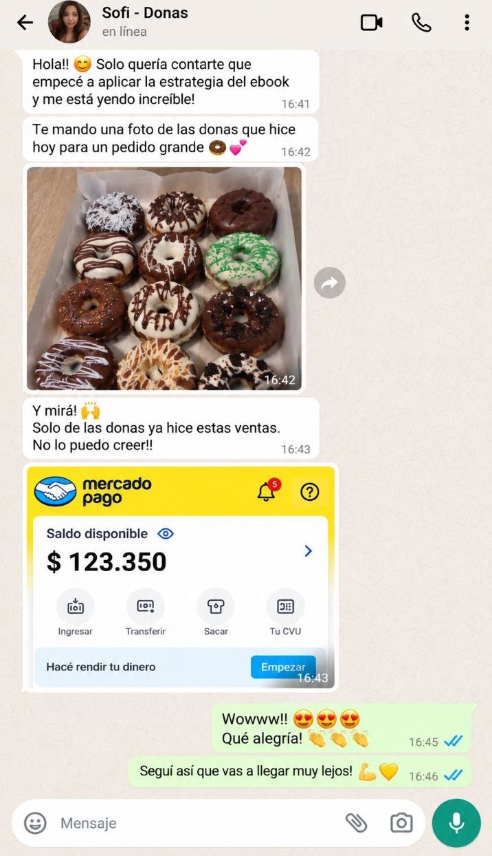 Captura de WhatsApp de una alumna mostrando sus pedidos y ventas