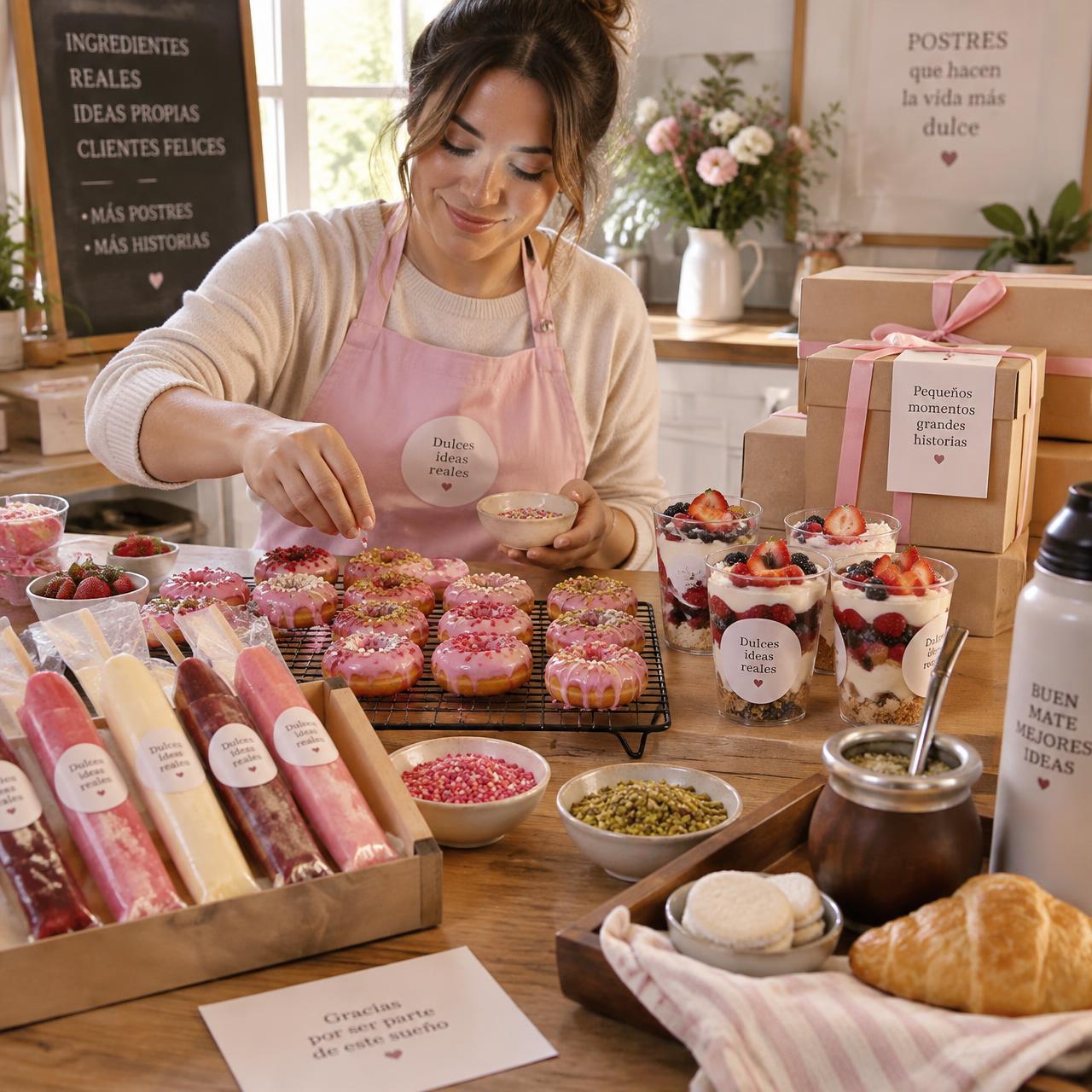 Emprendedora preparando mini donas, bolis helados, postres en vaso y una bandeja matera en su casa